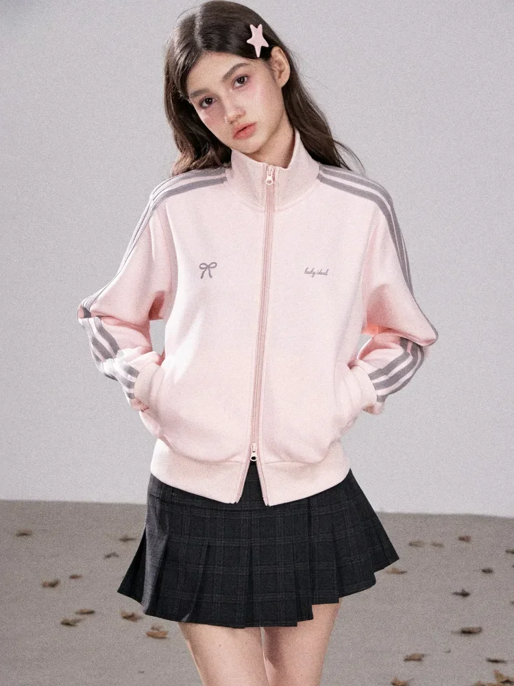 CHICMORE Jaket wanita lengan panjang dengan kerah tinggi gaya casual modern