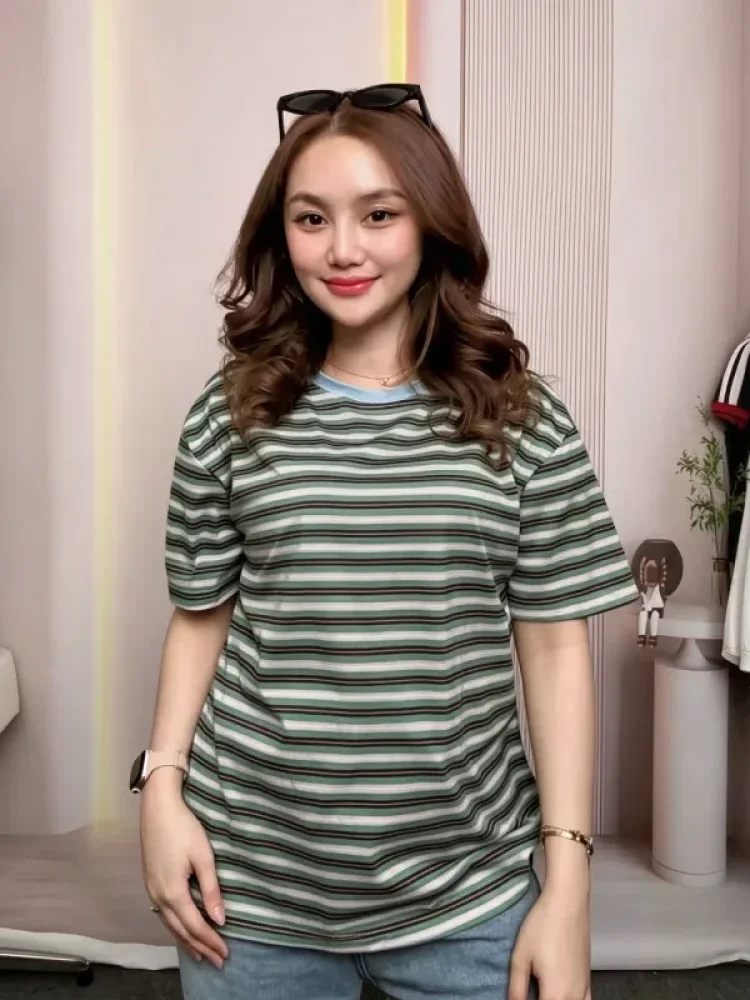 ASAYA Atasan t-shirt lengan pendek dengan kerah bulat bergaya kasual, lembut, tipis, dan bermotif