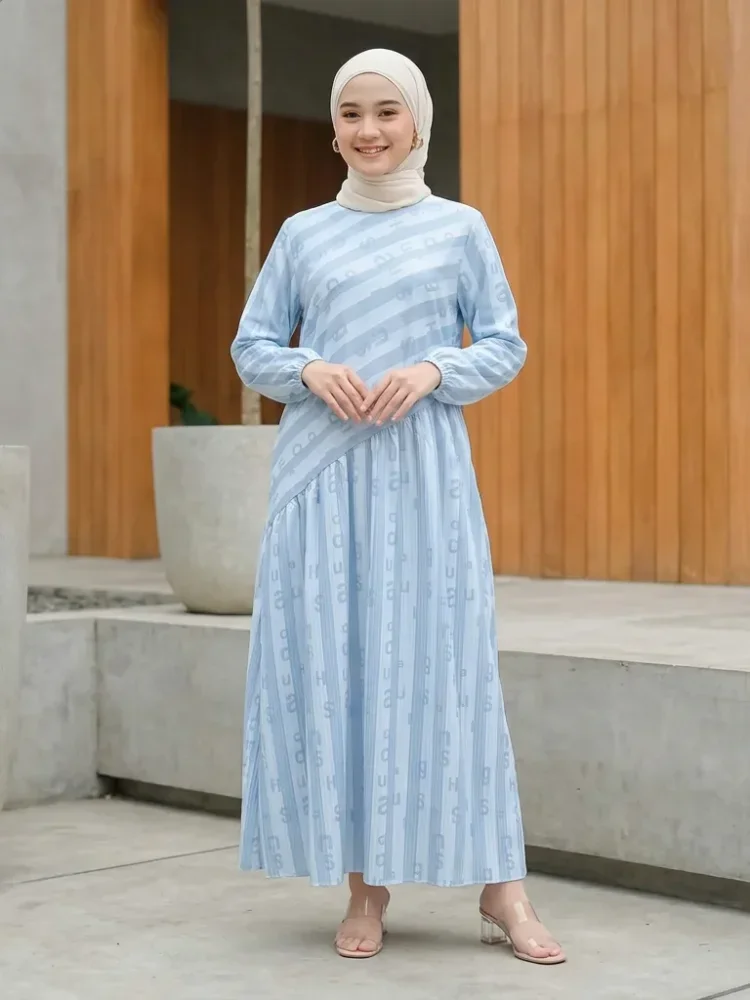 ASAYA Gaun dengan lengan panjang motif cantik gaya manis