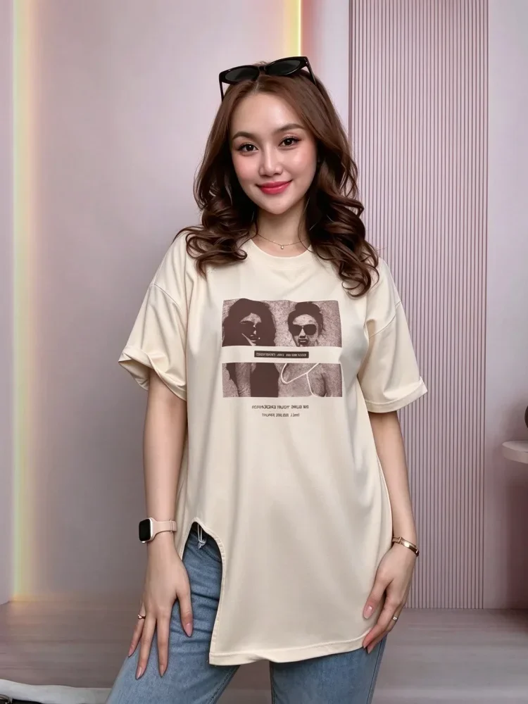 ASAYA Atasan kaos lengan pendek belahan di bagian bawah potongan asimetris & longgar