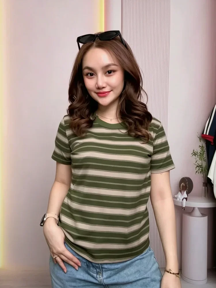 ASAYA Atasan kaos dengan lengan pendek bermotif garis-garis gaya baru untuk wanita