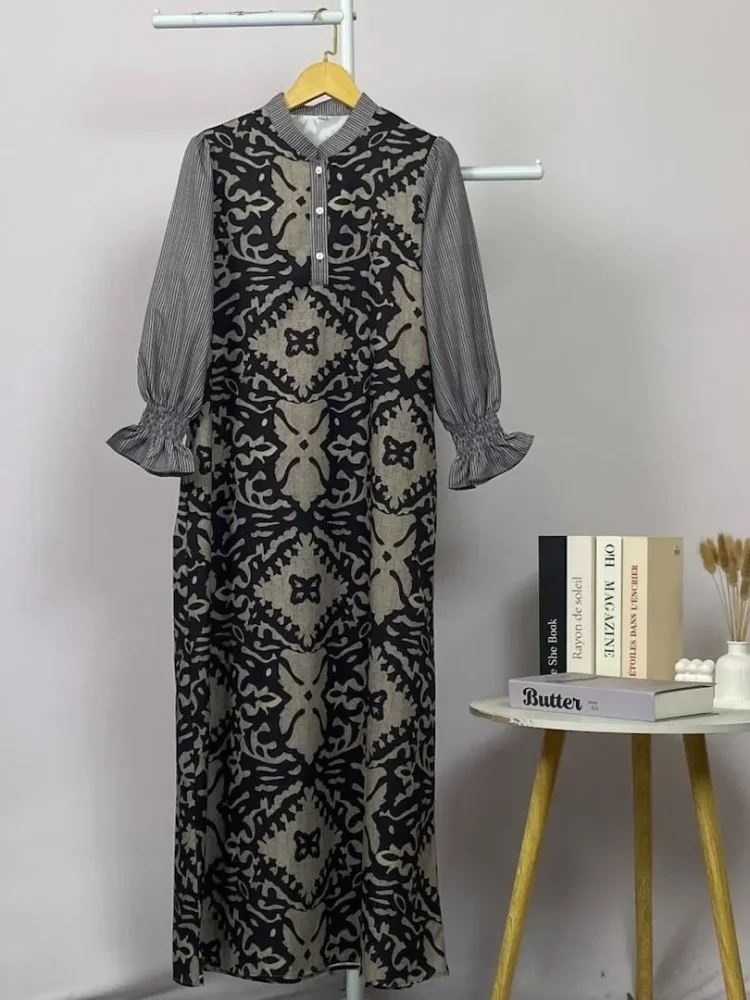 ASAYA Gaun elegan dengan motif posisi mode lengan panjang