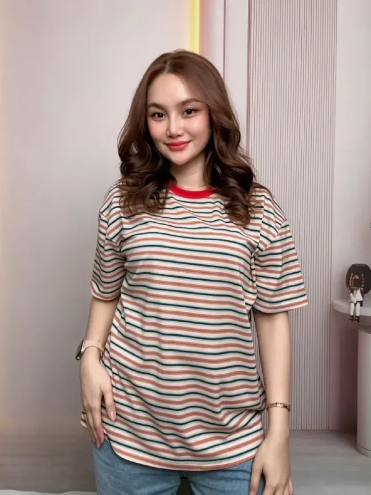 ASAYA Atasan t-shirt lengan pendek dengan kerah bulat bergaya kasual, lembut, tipis, dan bermotif