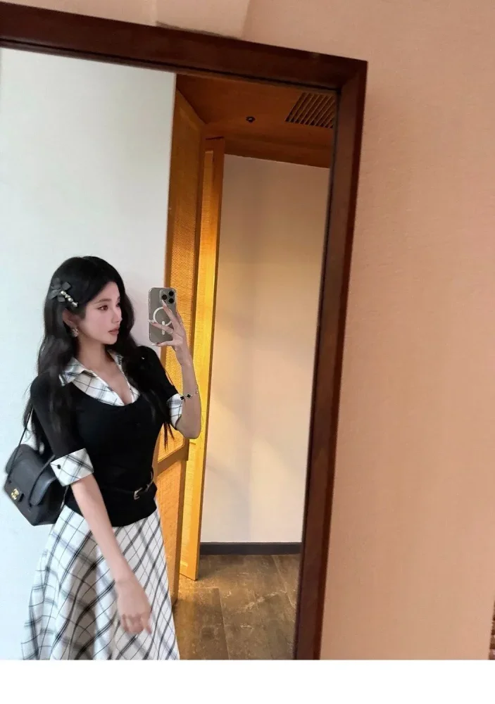 CHICMORE Setelan wanita dua polong atasan blouse kekinian dan rok panjang motif kotak