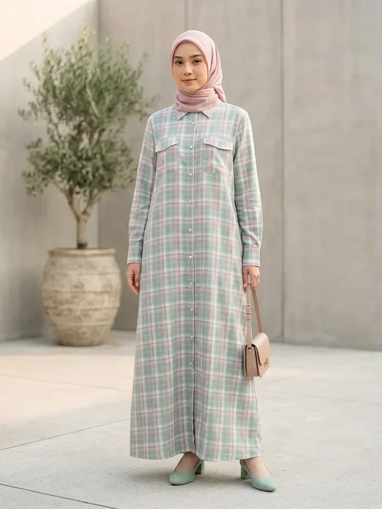 ASAYA Gaun elegan dengan motif posisi mode lengan panjang