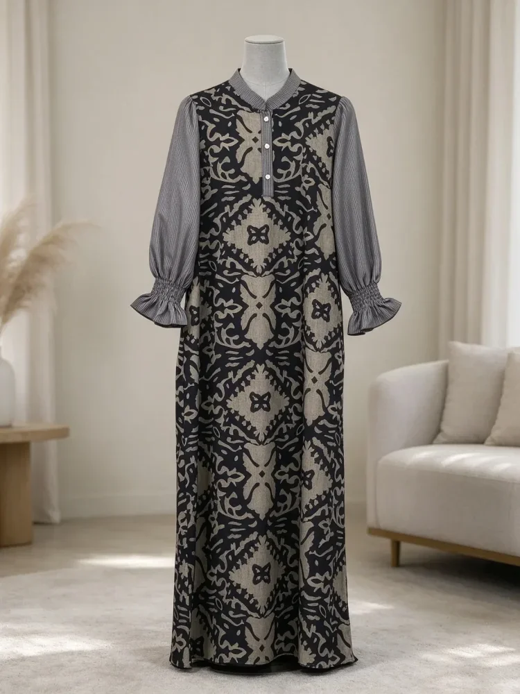 ASAYA Gaun elegan dengan motif posisi mode lengan panjang