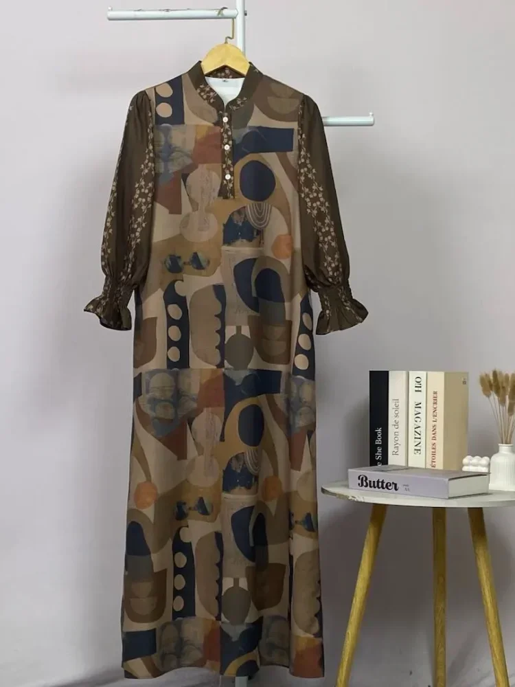 ASAYA Gaun elegan dengan motif posisi mode lengan panjang