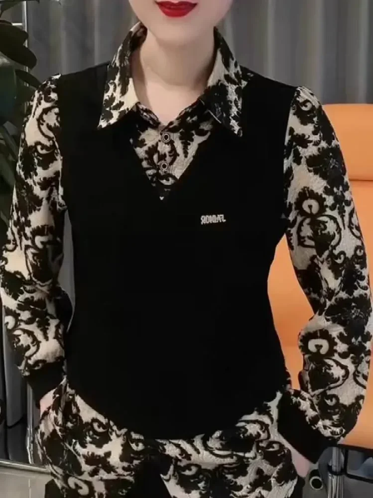 FADFAD Atasan wanita kerah polo dua potong palsu motif cetak gaya baru mode kekinian