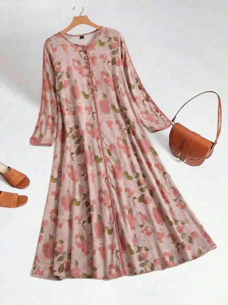 ASAYA Gaun elegan dengan motif posisi mode lengan panjang