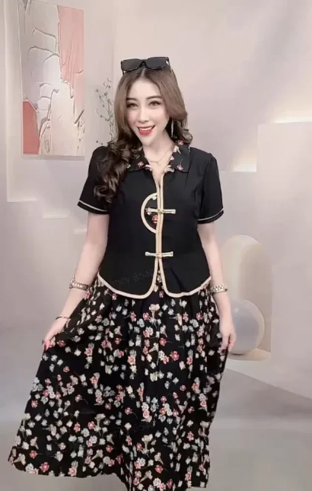 FADFAD Gaun midi wanita model dua potong motif bunga desain patchwork