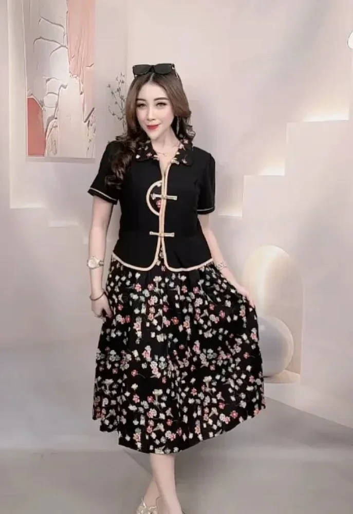 FADFAD Gaun midi wanita model dua potong motif bunga desain patchwork