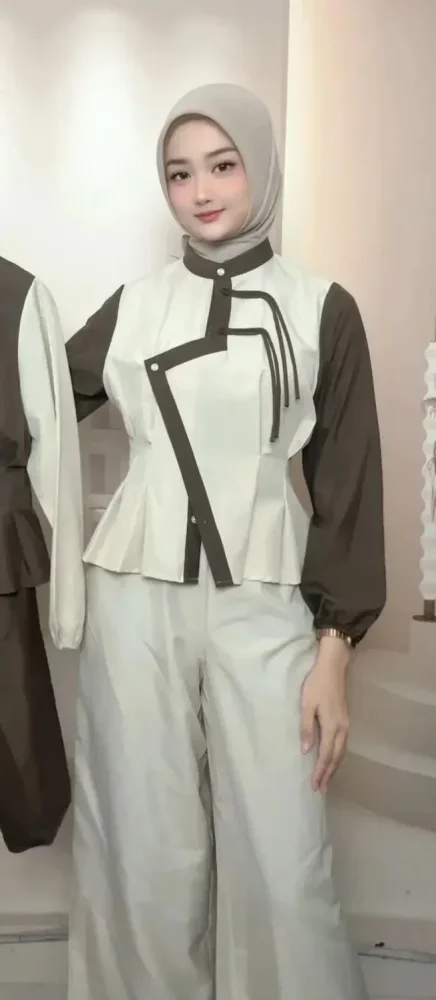 ASAYA Atasan kemeja longgar desain tidak beraturan lengan panjang kerah polo warna kontras untuk wanita gaya modis