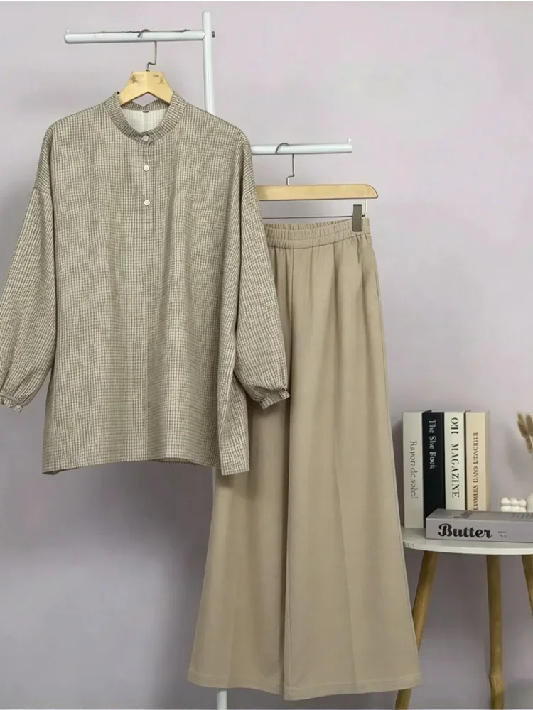 ASAYA Setelan wanita kekinian motif kotak-kotak elegan trendi