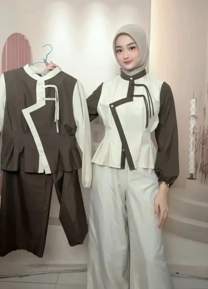 ASAYA Atasan kemeja longgar desain tidak beraturan lengan panjang kerah polo warna kontras untuk wanita gaya modis