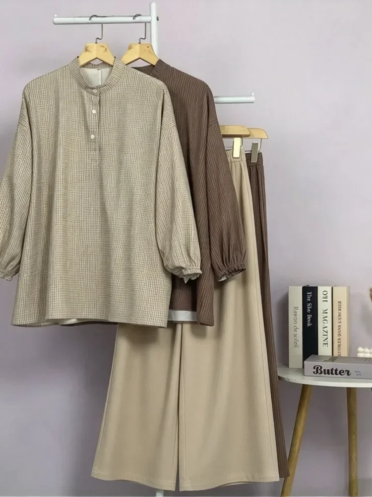 ASAYA Setelan wanita kekinian motif kotak-kotak elegan trendi
