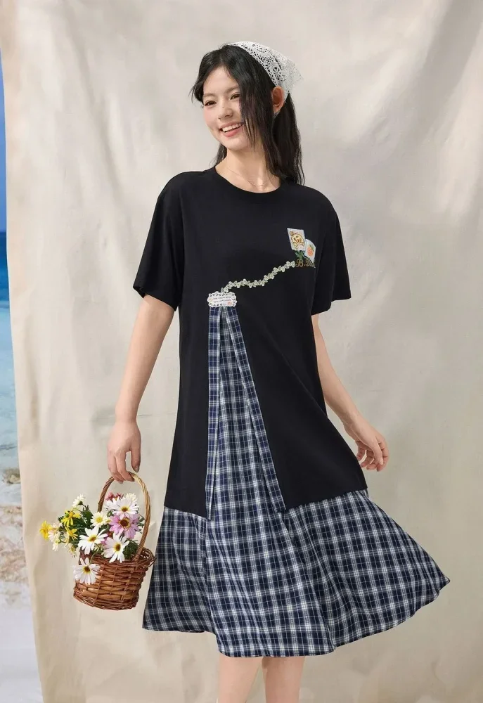 FADFAD Gaun midi wanita motif kotak-kotak gaya chic