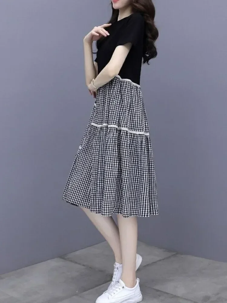 FADFAD Gaun midi wanita lengan pendek dengan motif kotak-kotak retro