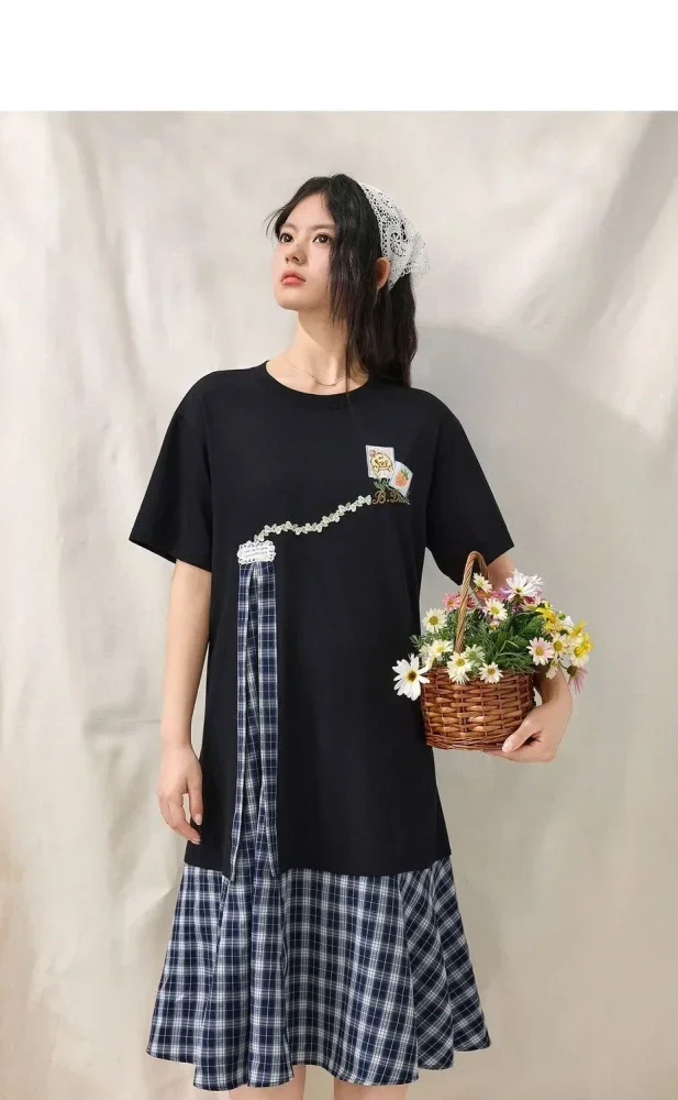 FADFAD Gaun midi wanita motif kotak-kotak gaya chic