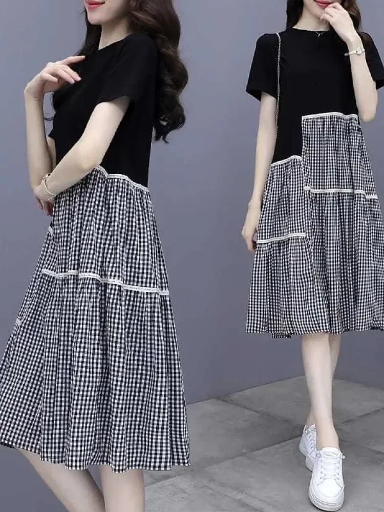FADFAD Gaun midi wanita lengan pendek dengan motif kotak-kotak retro