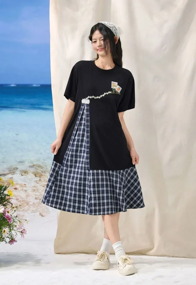 FADFAD Gaun midi wanita motif kotak-kotak gaya chic