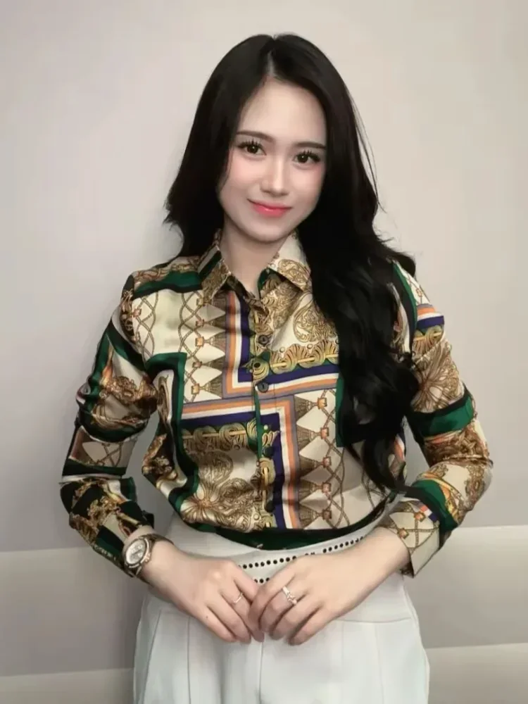FADFAD Atasan kemeja wanita lengan panjang yang modis gaya retro elegan