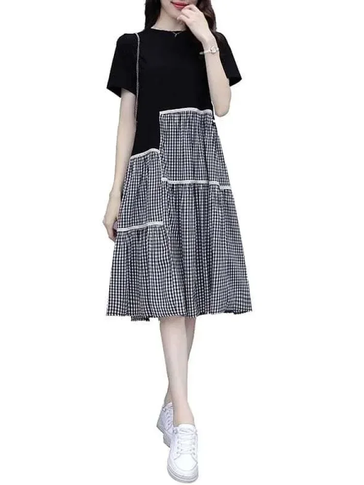 FADFAD Gaun midi wanita lengan pendek dengan motif kotak-kotak retro