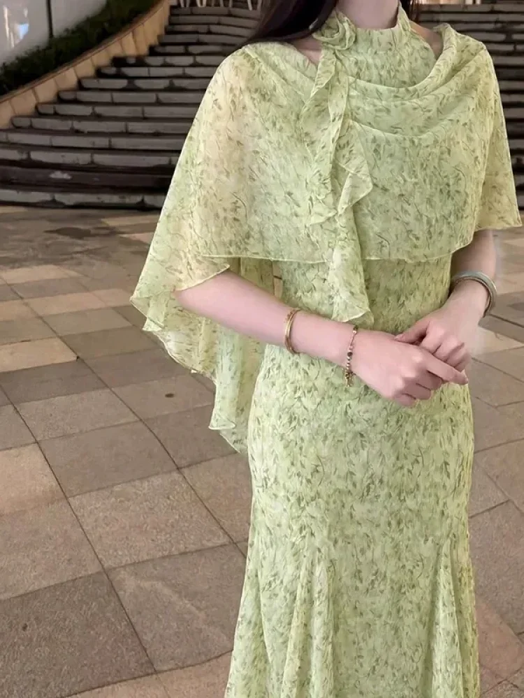 FADFAD Gaun duyung leher halter bermotif cetak gaya elegan baru untuk wanita