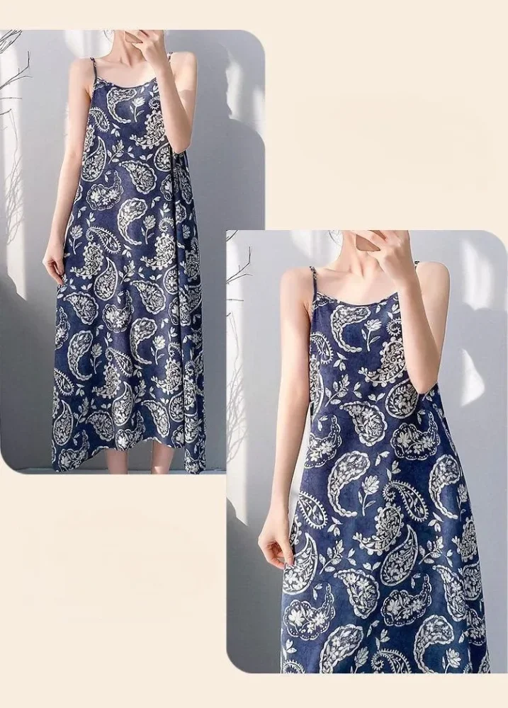 ASAYA Gaun tidur wanita tanpa lengan tali spageti motif floral