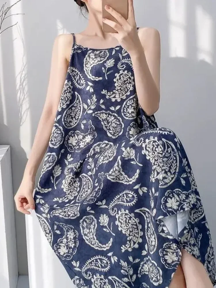 ASAYA Gaun tidur wanita tanpa lengan tali spageti motif floral