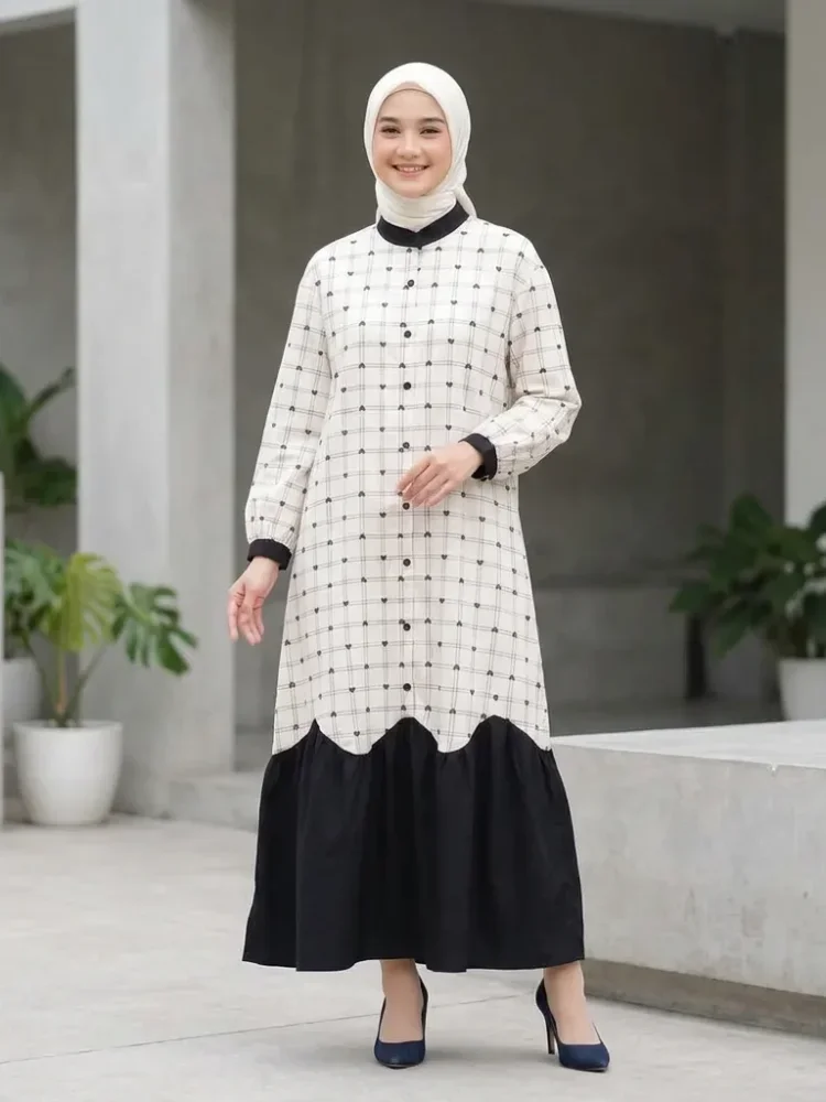 ASAYA Gaun elegan dengan motif posisi mode lengan panjang
