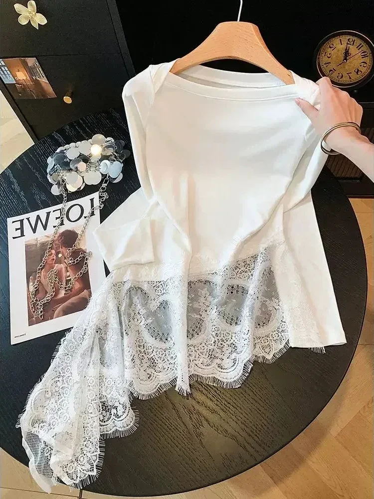 CHICMORE Atasan kaos putih lengan panjang bahu terbuka untuk wanita