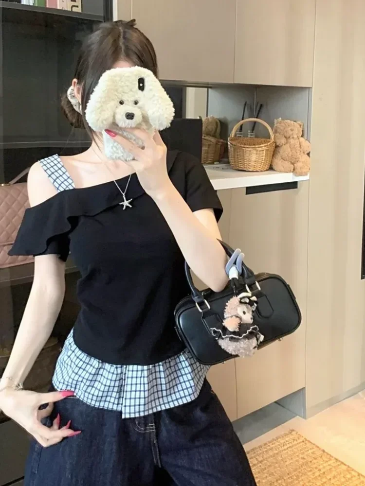 ASAYA Atasan lengan pendek dengan kerah one shoulder bergaya korean wanita muda