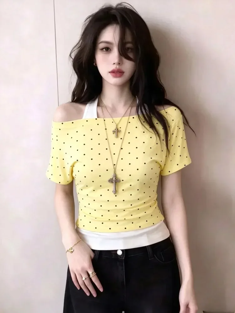 ASAYA Atasan kaos wanita lengan pendek longgar dengan aksen polkadot
