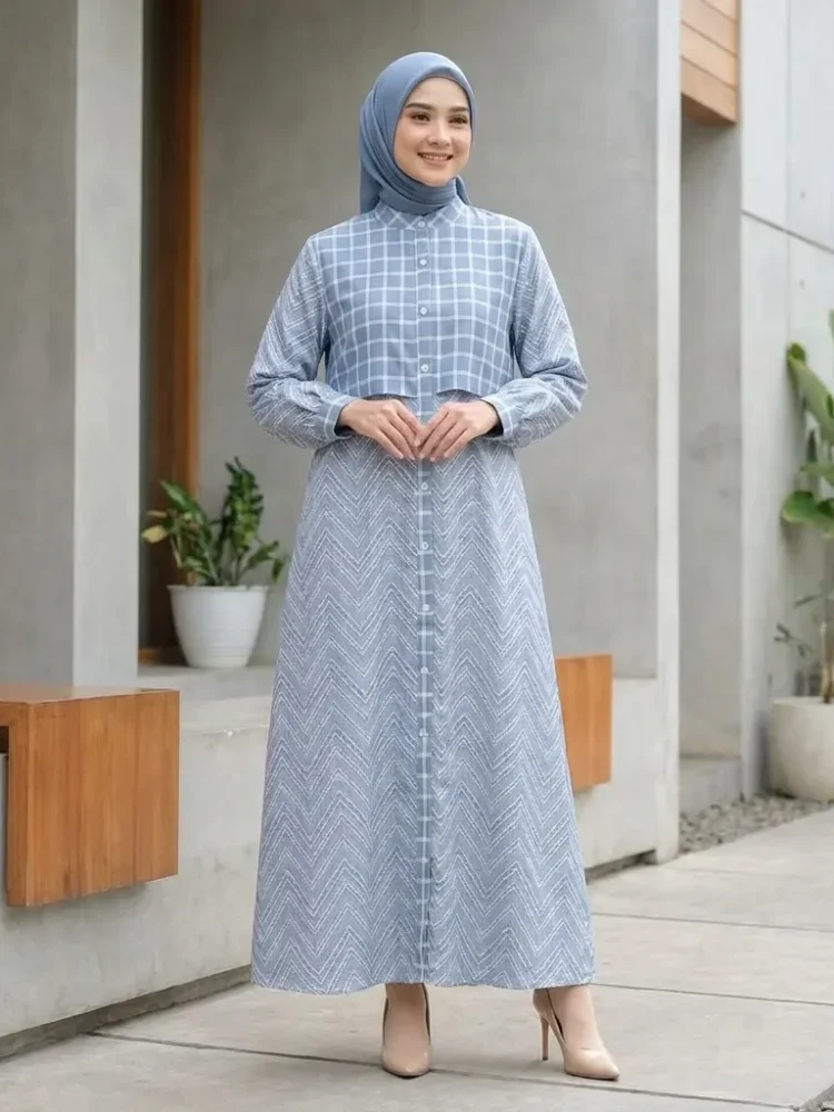 ASAYA Gaun kemeja wanita lengan panjang, palsu dua potong, kasual kantoran