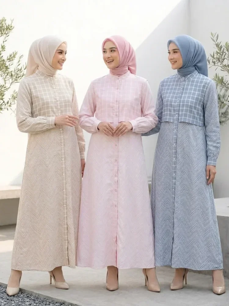 ASAYA Gaun kemeja wanita lengan panjang, palsu dua potong, kasual kantoran
