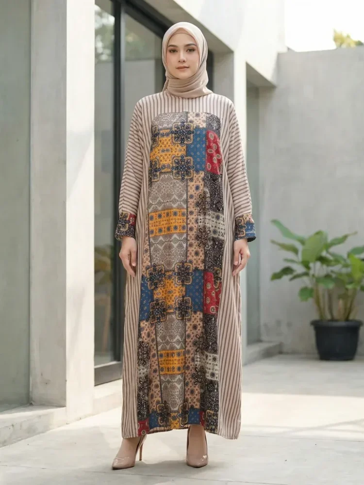 ASAYA Gaun lengan panjang wanita dengan cetakan patchwork retro, tekstur mewah