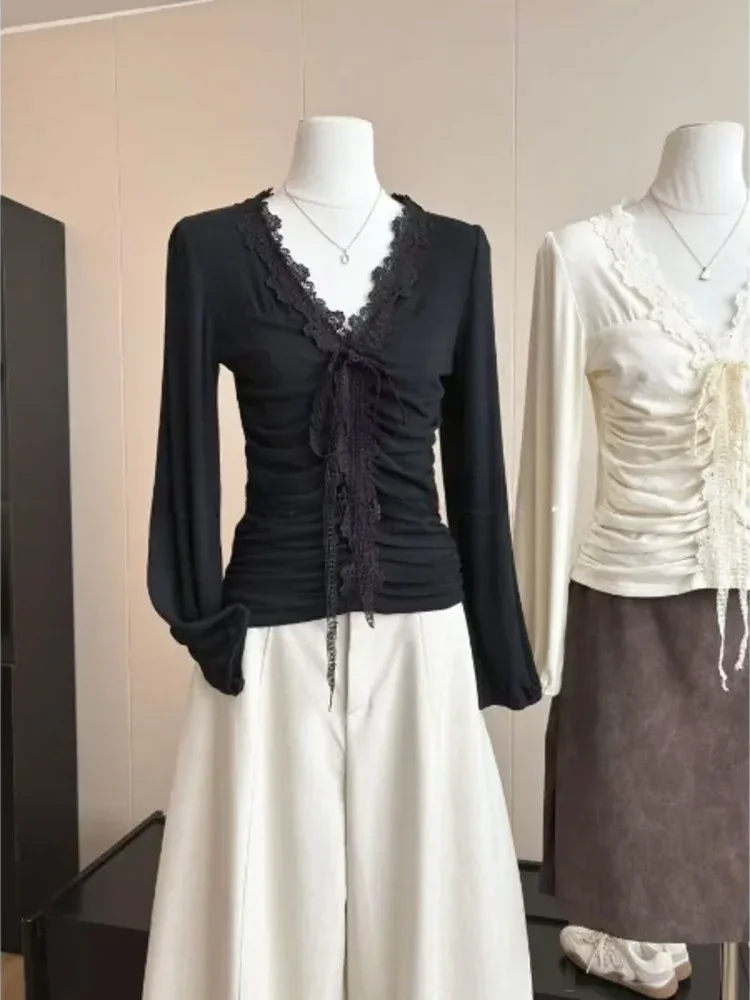 CHICMORE Atasan wanita blouse lengan panjang model mengerut kerah v neck kekinian