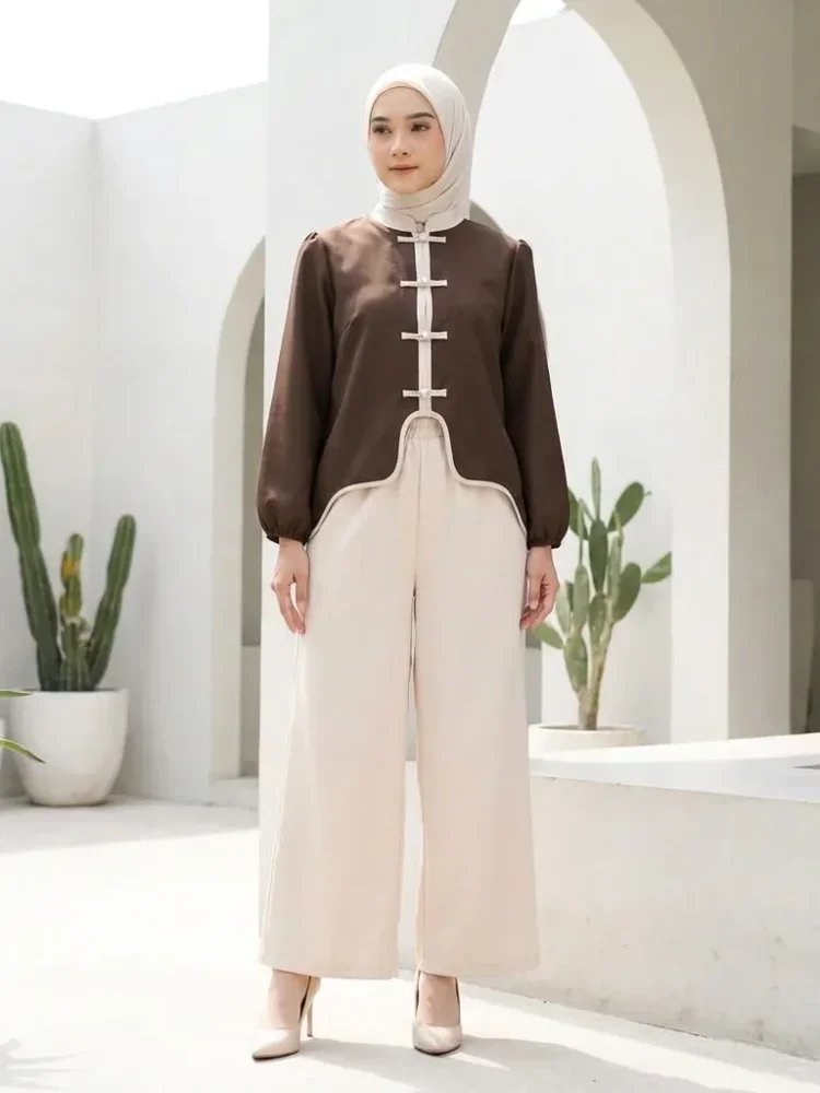 ASAYA Kemeja lengan panjang wanita dengan warna polos dan bawah yang tidak beraturan, dipadukan dengan desain tali kontras dan kancing tangan, kerah warna kontras dipadukan dengan celana panjang polos