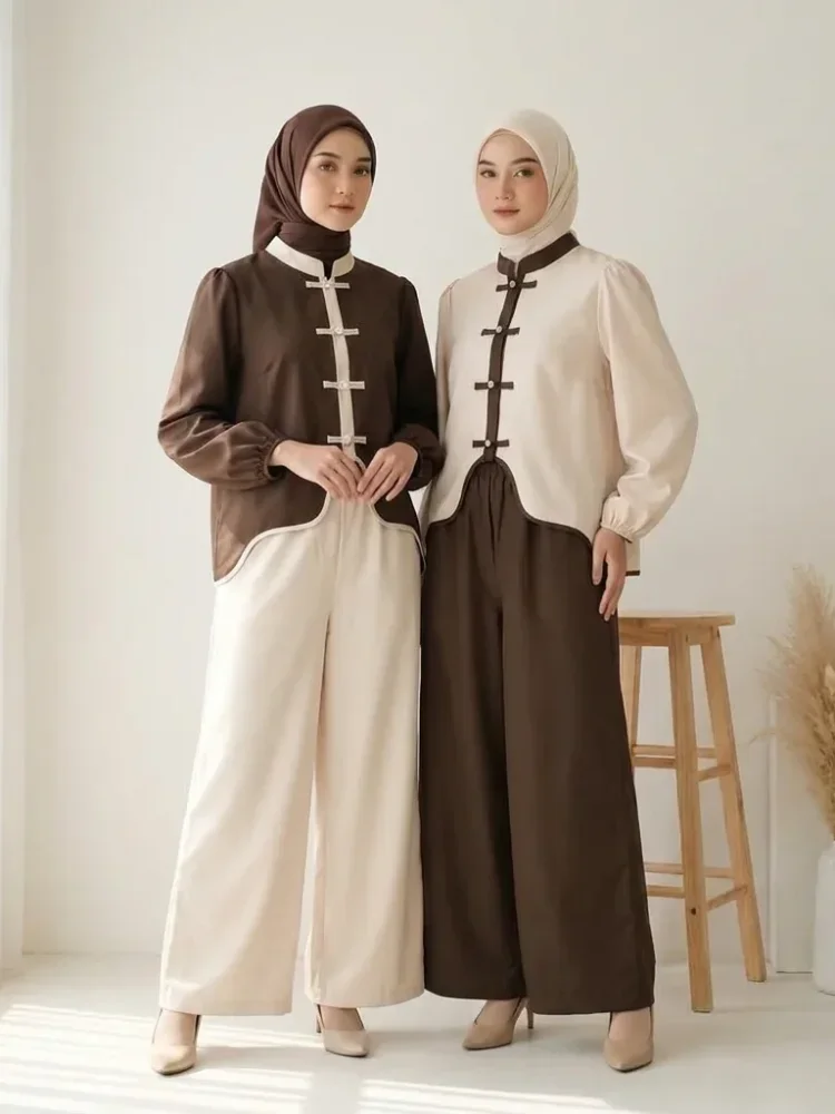 ASAYA Kemeja lengan panjang wanita dengan warna polos dan bawah yang tidak beraturan, dipadukan dengan desain tali kontras dan kancing tangan, kerah warna kontras dipadukan dengan celana panjang polos