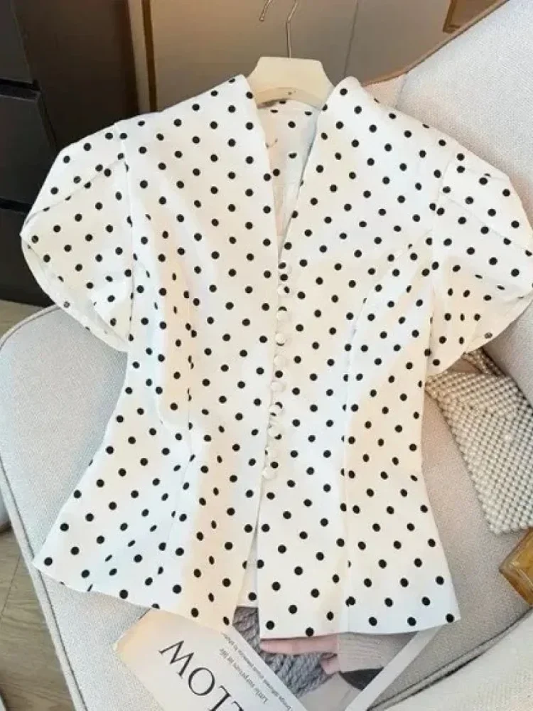 CHICMORE Atasan blouse wanita lengan pendek motif polkadot gaya feminine elegan