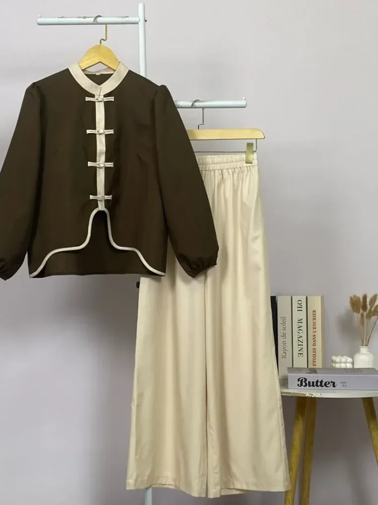 ASAYA Kemeja lengan panjang wanita dengan warna polos dan bawah yang tidak beraturan, dipadukan dengan desain tali kontras dan kancing tangan, kerah warna kontras dipadukan dengan celana panjang polos