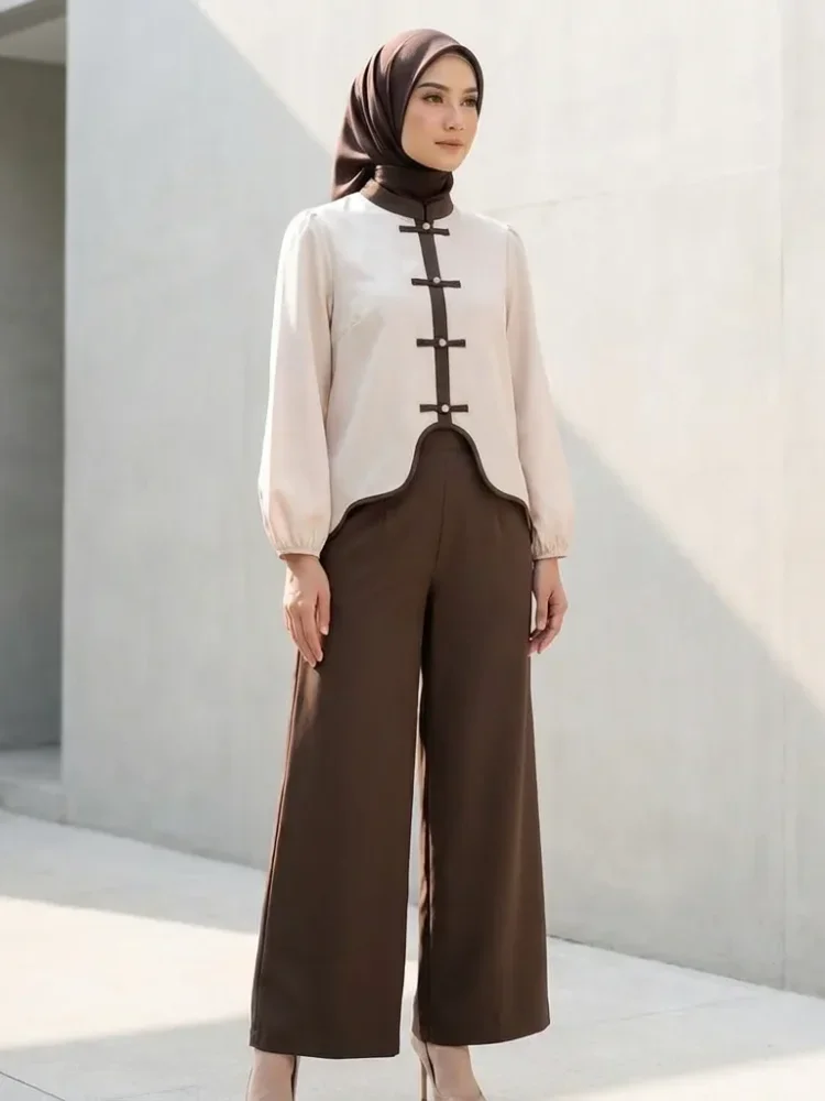 ASAYA Kemeja lengan panjang wanita dengan warna polos dan bawah yang tidak beraturan, dipadukan dengan desain tali kontras dan kancing tangan, kerah warna kontras dipadukan dengan celana panjang polos