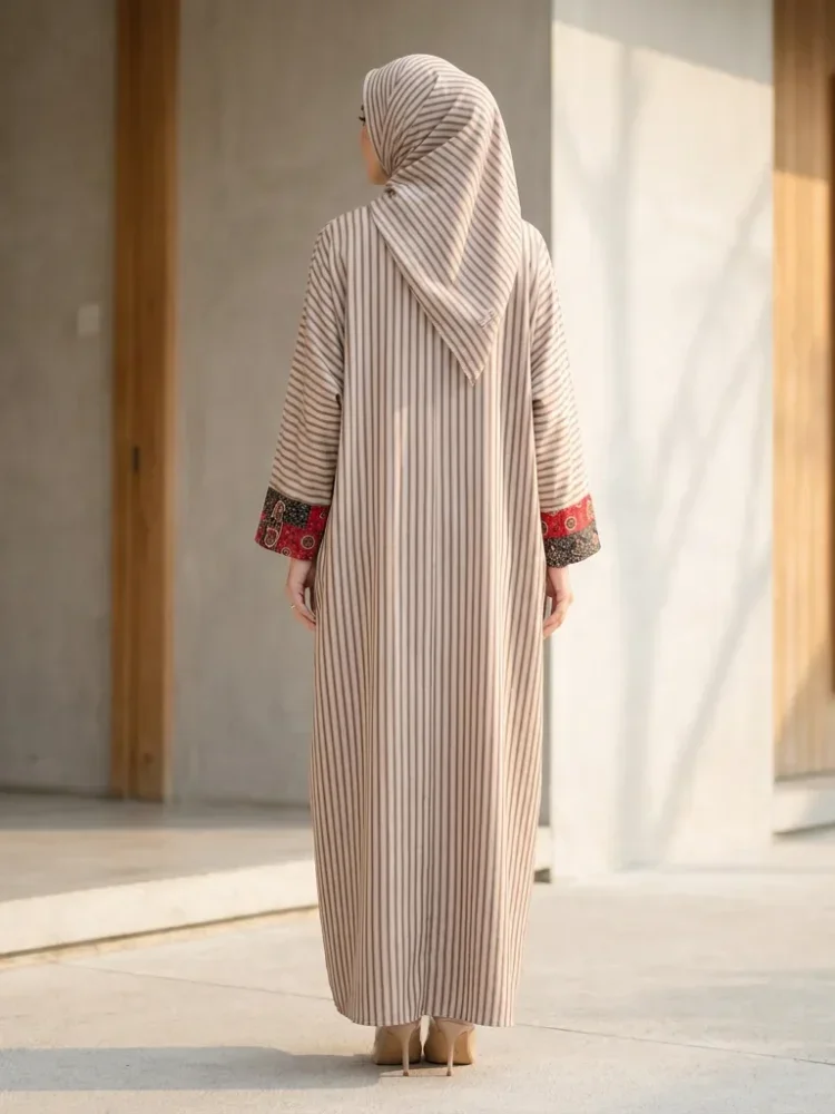 ASAYA Gaun lengan panjang wanita dengan cetakan patchwork retro, tekstur mewah