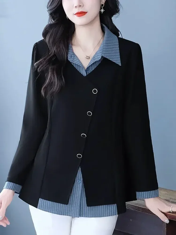 FADFAD Atasan lengan panjang model dua potong palsu untuk wanita gaya fashionable