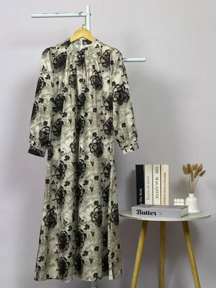 ASAYA Gaun panjang longgar kasual tipis bermotif dengan desain mode elegan