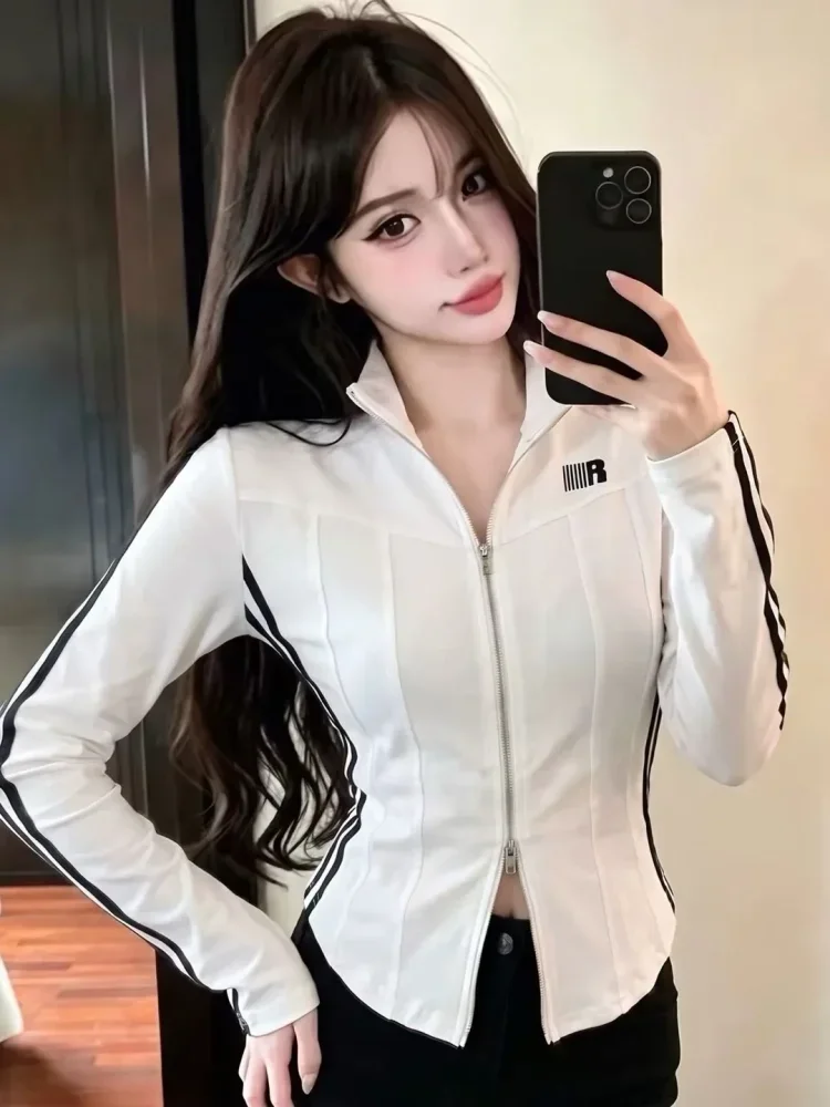 FADFAD Atasan wanita muda motif cetak baru dengan lengan panjang dan ritsleting gaya baru