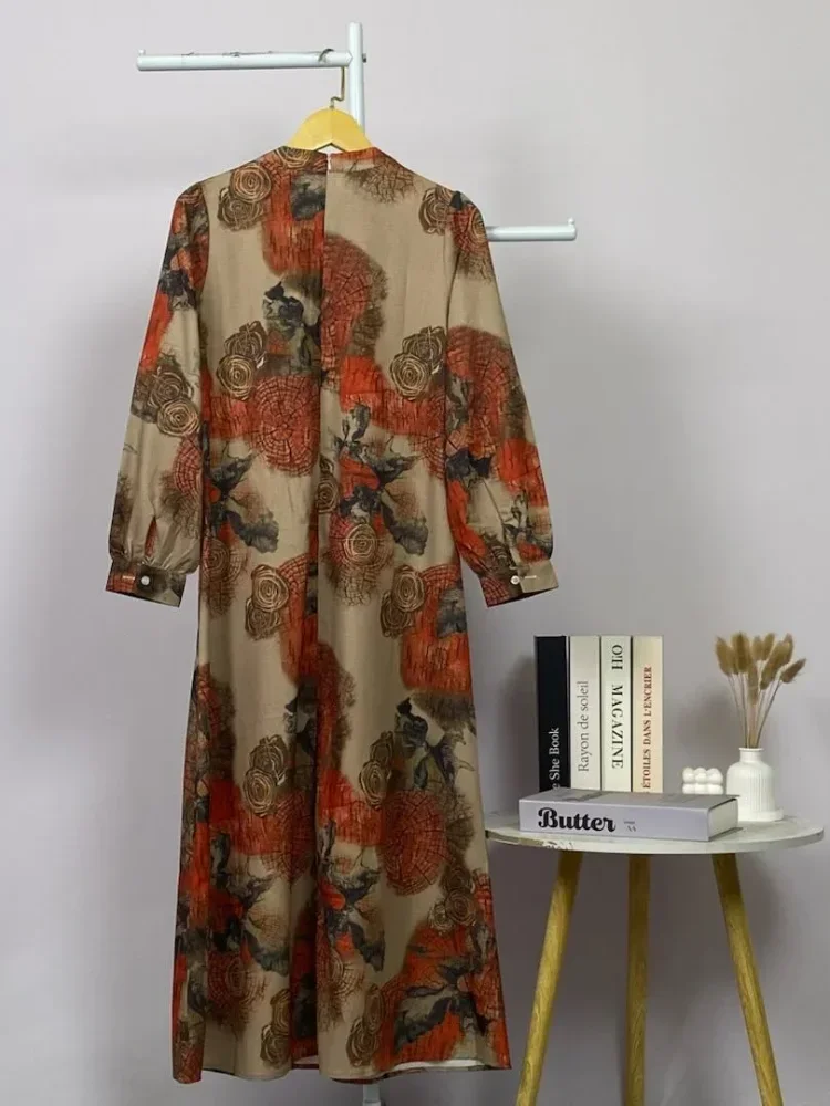 ASAYA Gaun panjang longgar kasual tipis bermotif dengan desain mode elegan