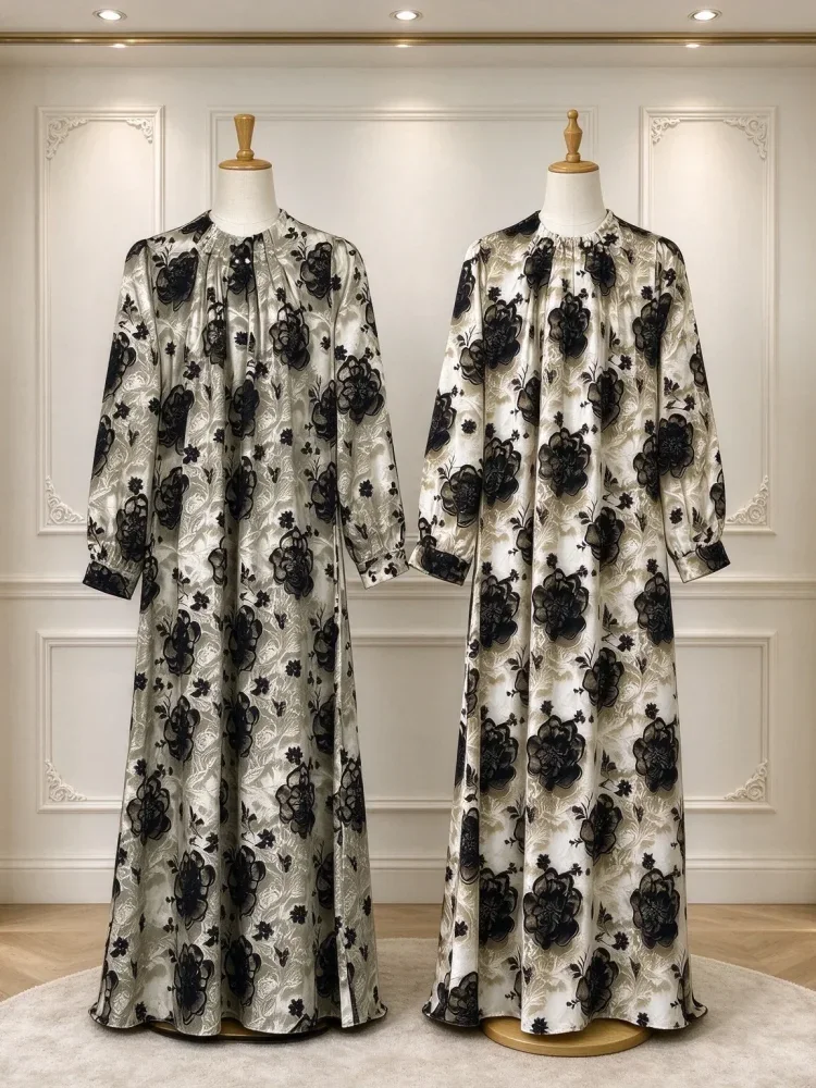 ASAYA Gaun panjang longgar kasual tipis bermotif dengan desain mode elegan