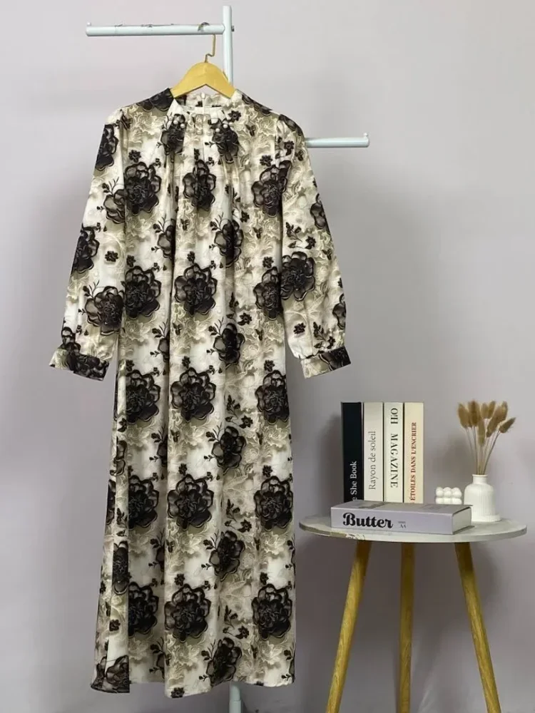 ASAYA Gaun panjang longgar kasual tipis bermotif dengan desain mode elegan