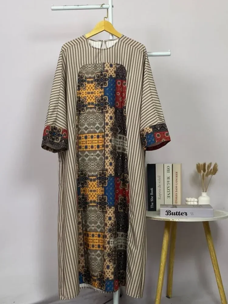ASAYA Gaun lengan panjang wanita dengan cetakan patchwork retro, tekstur mewah